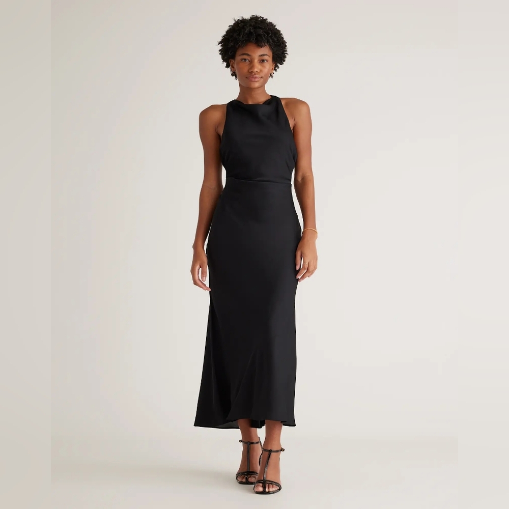 Quince Black Washable Stretch Silk High Neck Midi Dress Size Large NWT
